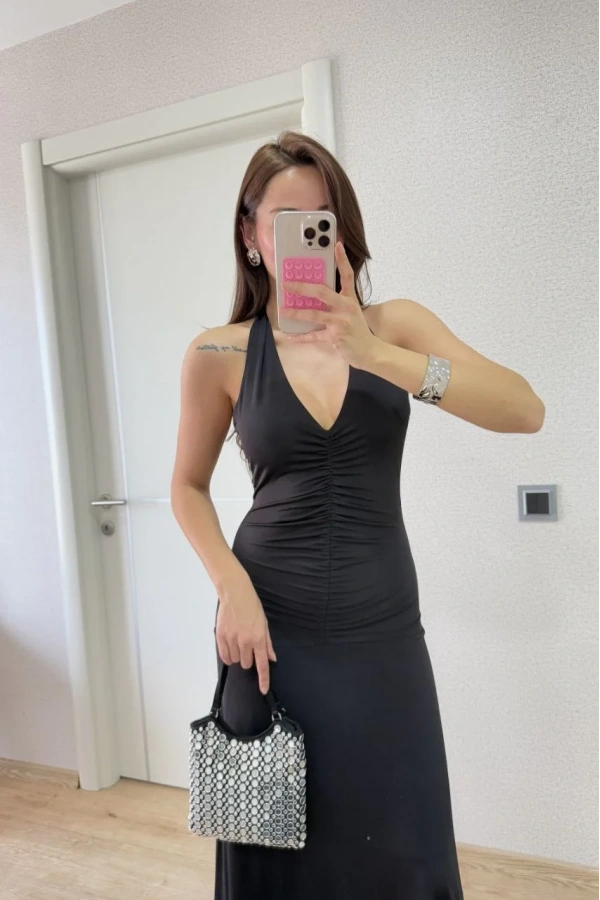 Sırt dekolteli Uzun Elbise - Siyah