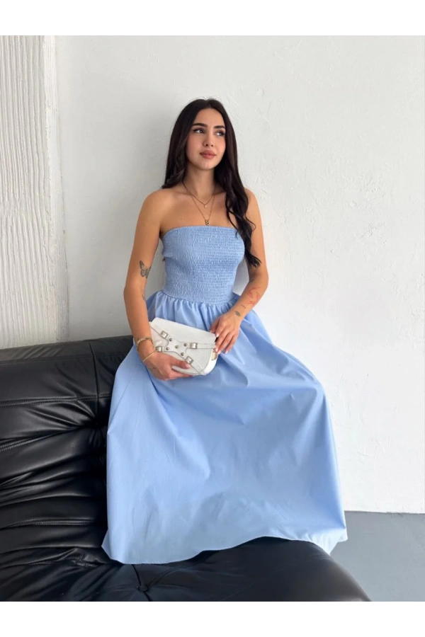 Straplez Pileli Elbise - Açık Mavi