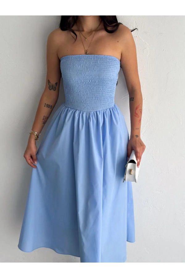Straplez Pileli Elbise - Açık Mavi