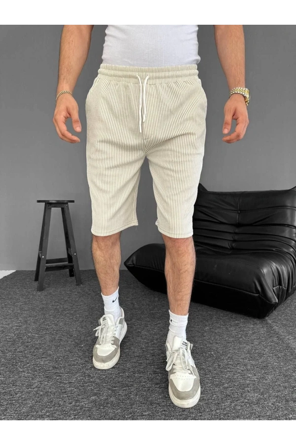 Su Yolu Çizgili Ön Arka Cepli Şort Yazlık Nefes Alabilir - Bej