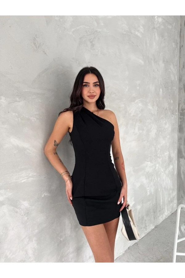Tek Omuzlu Kolsuz Mini Boy Elbise - Siyah