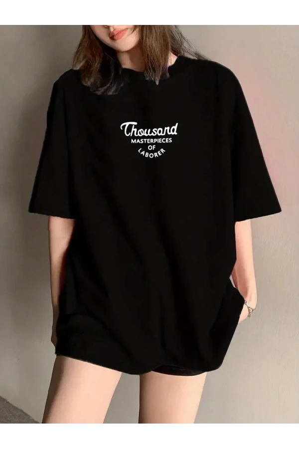 Thousand Ön Arka Baskılı Oversize Bisiklet Yaka T-shirt - Siyah
