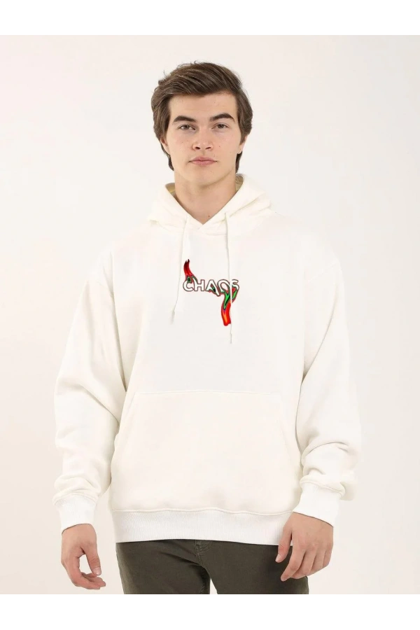 Unisex Baskılı Oversize Üç İplik Kapüşonlu Sweatshirt - Beyaz
