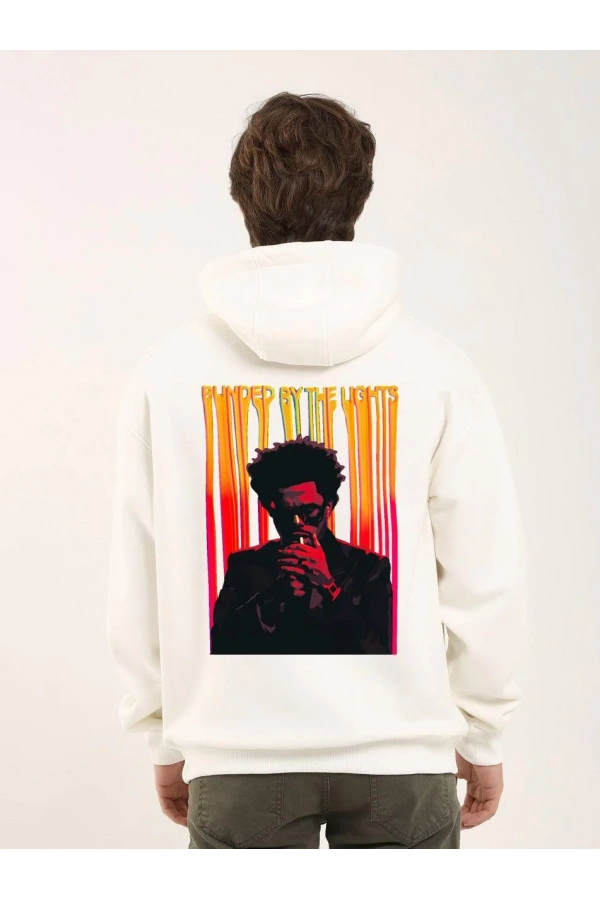 Unisex Baskılı Oversize Üç İplik Kapüşonlu Sweatshirt - Beyaz