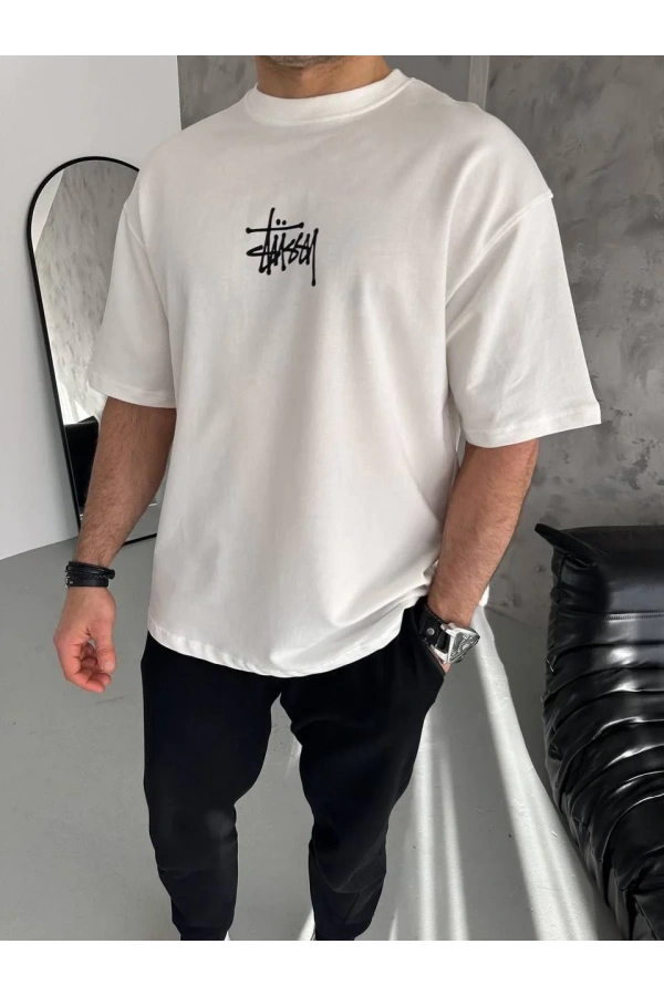 Unisex Bisiklet Yaka Baskılı Oversize T-Shirt - Beyaz