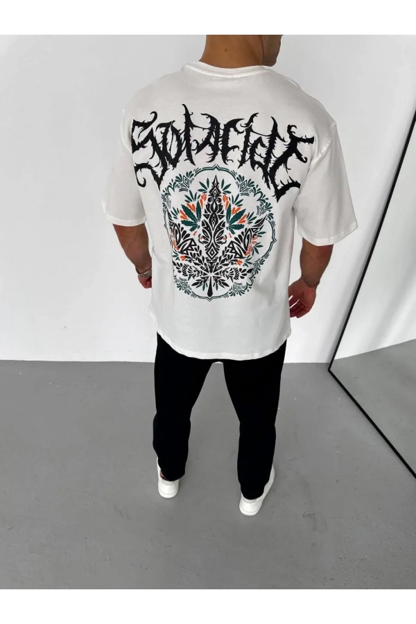 Unisex Bisiklet Yaka Baskılı Oversize T-Shirt - Beyaz