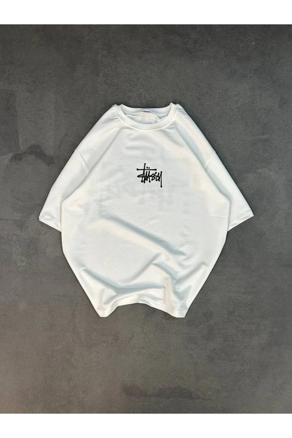 Unisex Bisiklet Yaka Baskılı Oversize T-Shirt - Beyaz