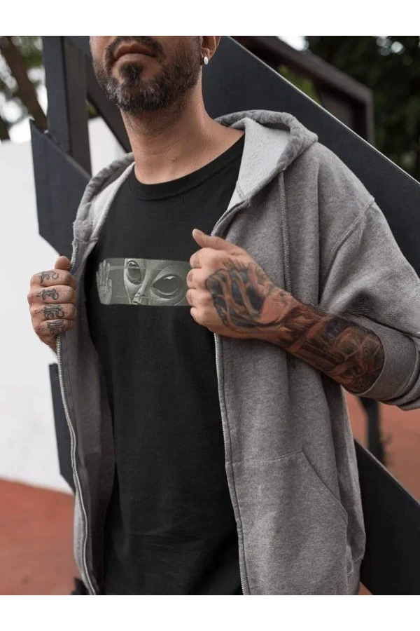 Unisex Bisiklet Yaka Baskılı Oversize T-Shirt - Siyah