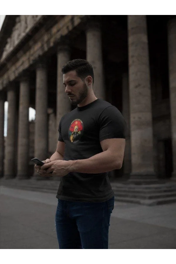 Unisex Bisiklet Yaka Baskılı Oversize T-Shirt - Siyah