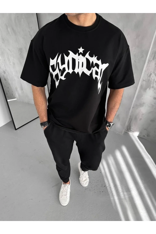 Unisex Bisiklet Yaka Baskılı Oversize T-Shirt - Siyah