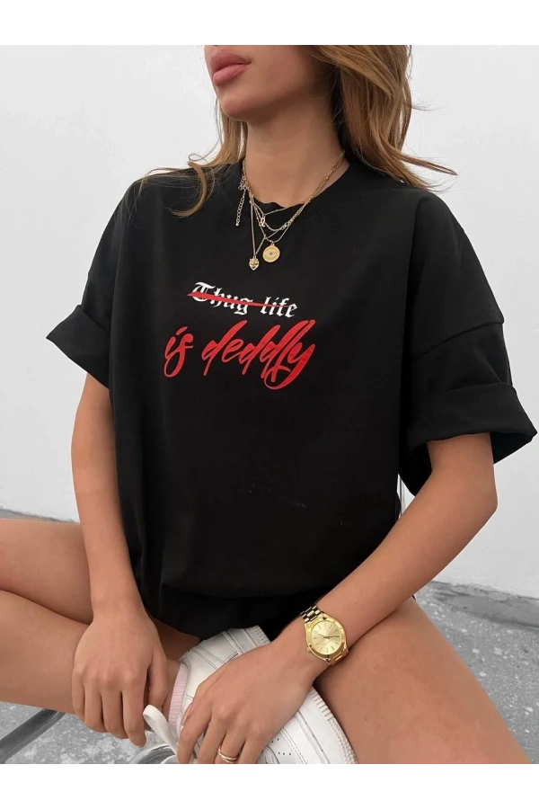 Unisex Bisiklet Yaka Baskılı Oversize T-Shirt - Siyah