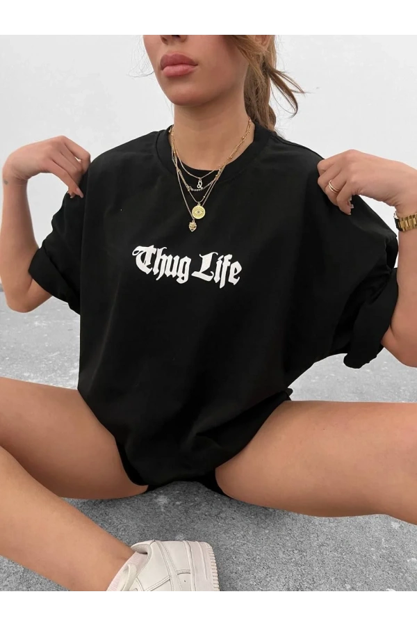 Unisex Bisiklet Yaka Baskılı Oversize T-Shirt - Siyah