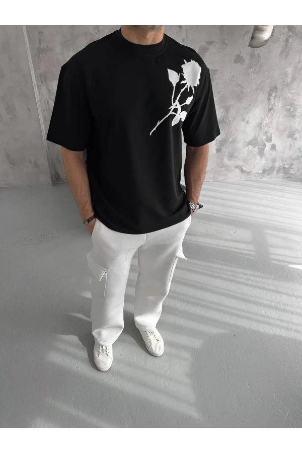 Unisex Bisiklet Yaka Baskılı Oversize T-Shirt - Siyah