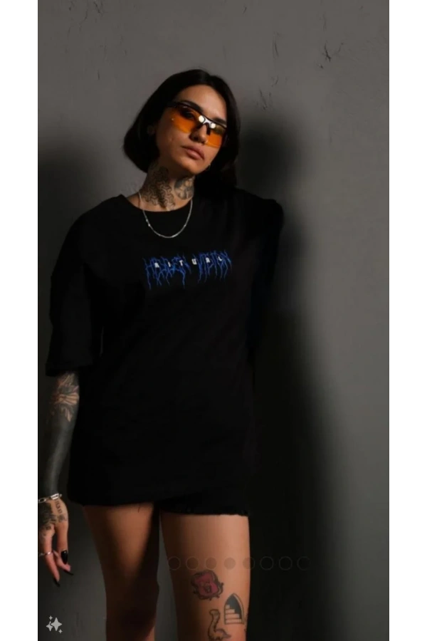 Unisex Bisiklet Yaka Baskılı Oversize T-Shirt - Siyah