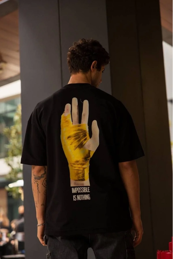 Unisex Bisiklet Yaka Baskılı Oversize T-Shirt - Siyah