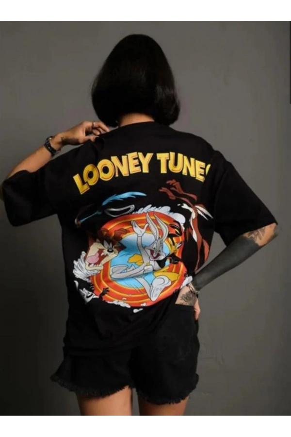 Unisex Bisiklet Yaka Baskılı Oversize T-Shirt - Siyah