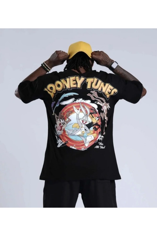 Unisex Bisiklet Yaka Baskılı Oversize T-Shirt - Siyah