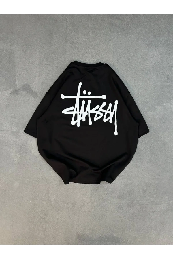 Unisex Bisiklet Yaka Baskılı Oversize T-Shirt - Siyah