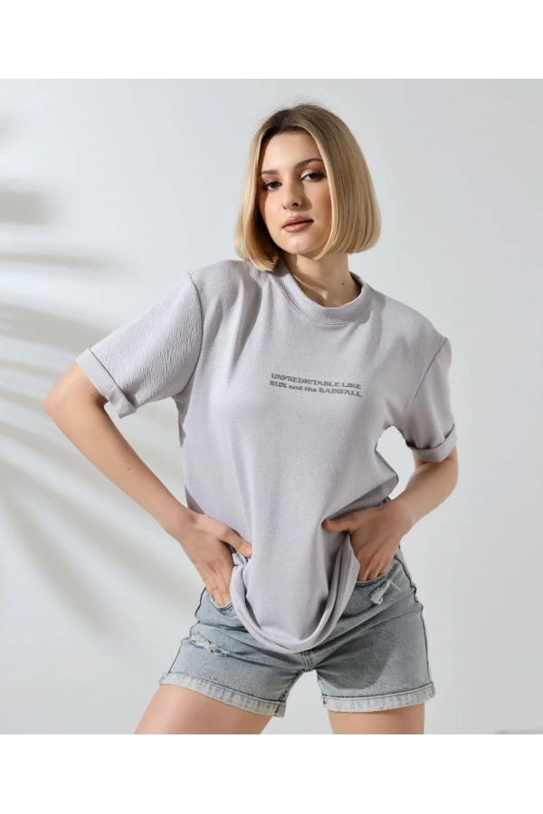 Unisex Bisiklet Yaka Baskılı Slim Fit T-Shirt - Boyalı Gri