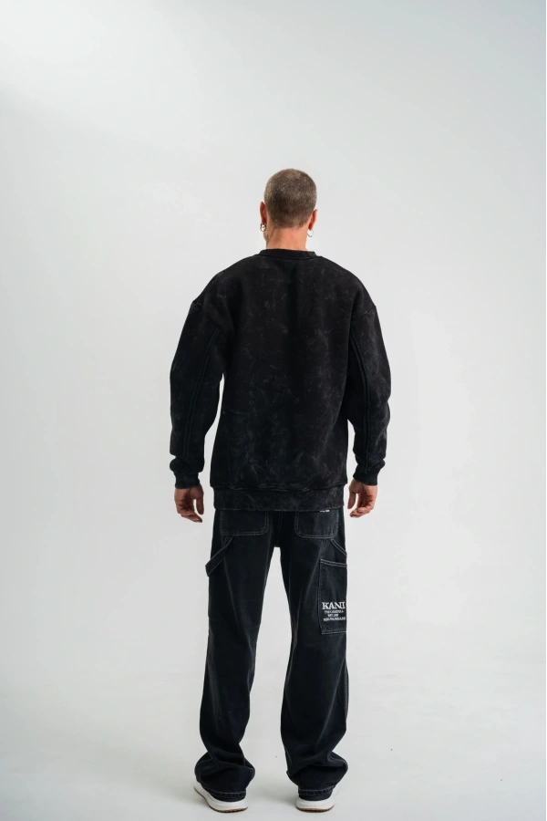 Unisex Bisiklet Yaka Özel Pis Dikişli Yıkamalı SweatShirt - Siyah