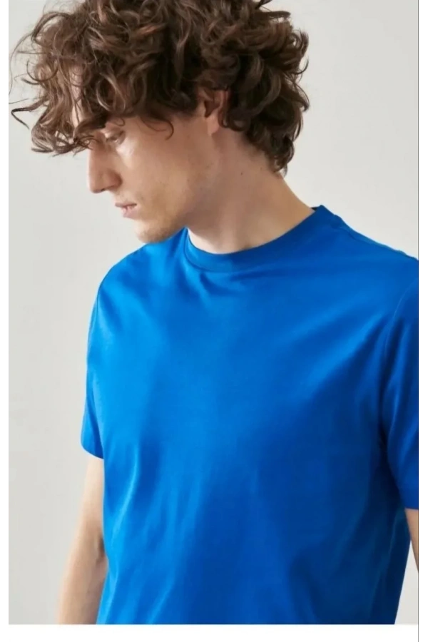 Unisex Düz Biskilet Yaka Oversize T-shirt - Mavi