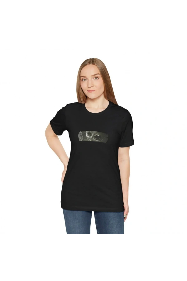 Unisex Kadın Bisiklet Yaka Baskılı T-Shirt - Siyah