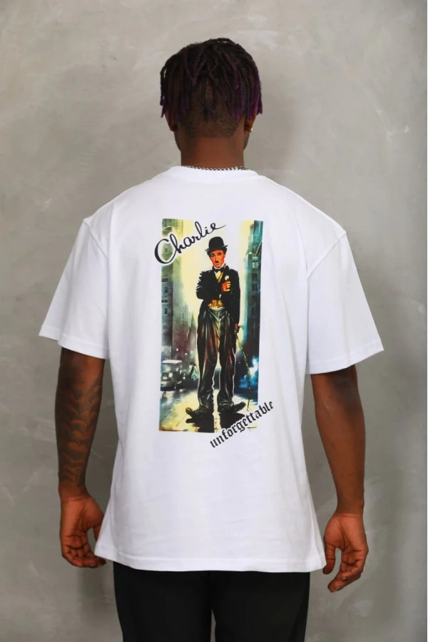 Unisex Oversize Baskılı Bisiklet Yaka T-Shirt - Beyaz