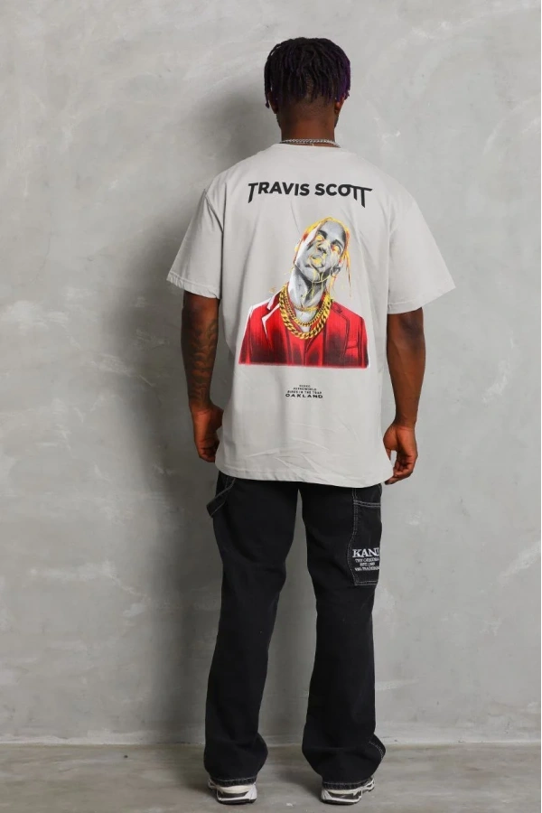 Unisex Oversize Baskılı Bisiklet Yaka T-Shirt - Gri