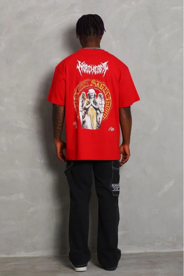 Unisex Oversize Baskılı Bisiklet Yaka T-Shirt - Kırmızı