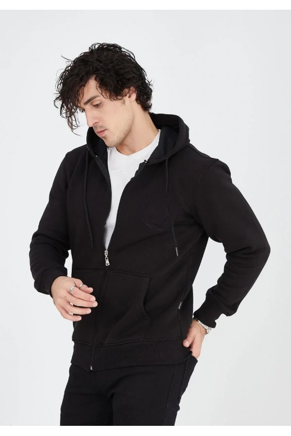 Unisex Tam Fermuarlı Kapşonlu  SweatShirt - Siyah