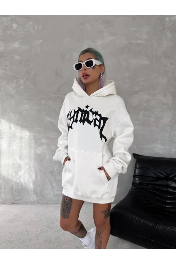 Unisex Üç İplik Kapüşonlu Baskılı SweatShirt - Beyaz