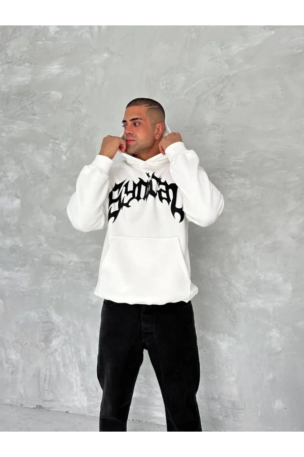 Unisex Üç İplik Kapüşonlu Baskılı SweatShirt - Beyaz