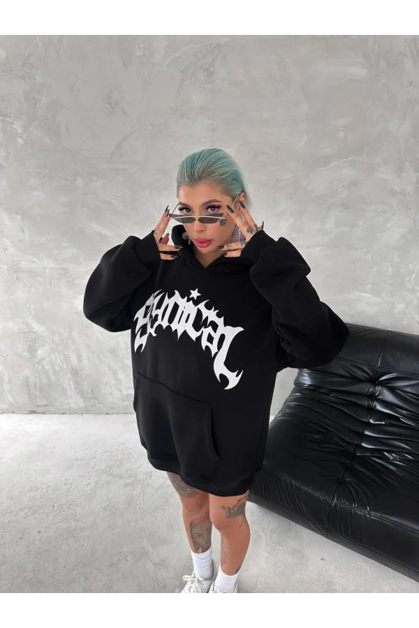 Unisex Üç İplik Kapüşonlu Baskılı SweatShirt - Siyah