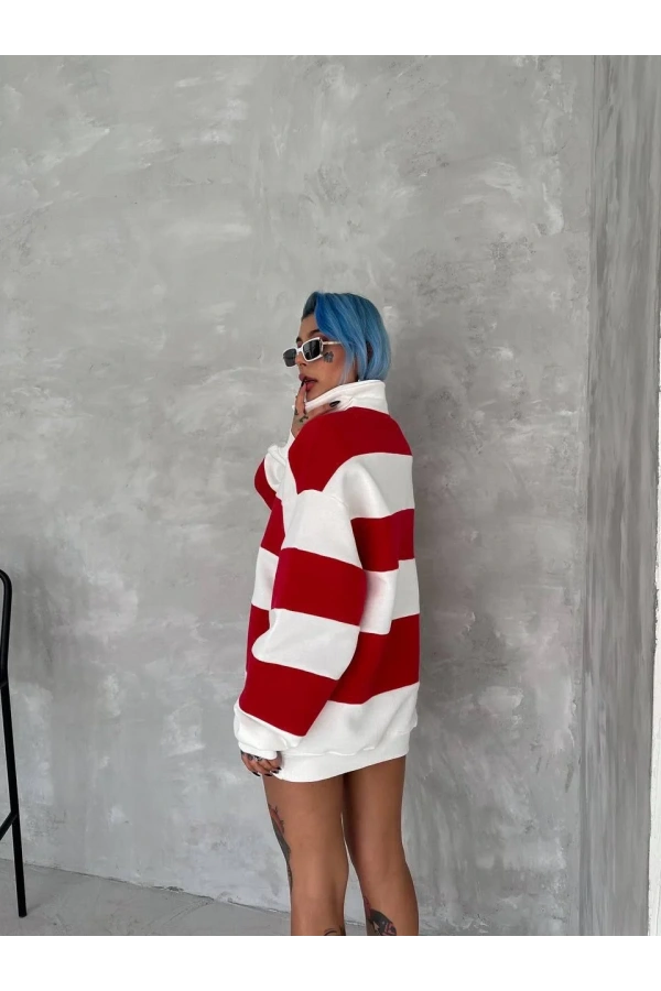 Unisex Üç İplik Parçalı Yakalı SweatShirt - Kırmızı