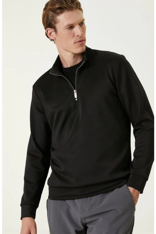 Unisex Uzun Kol Yarım Farmuarlı Yakalı Basic SweatShirt - Siyah