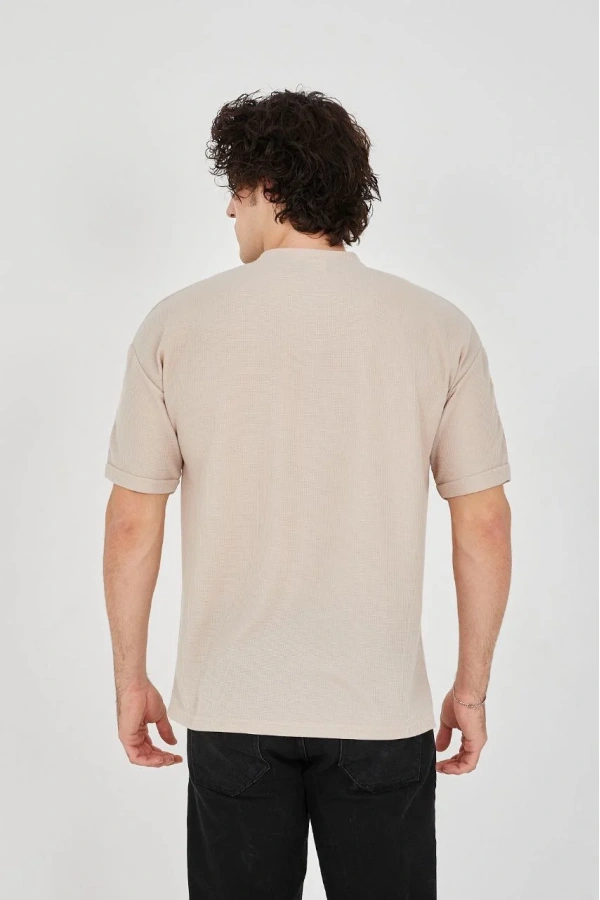 Unisex Waffle Kumaş Rahat Kol T-Shirt - Bej