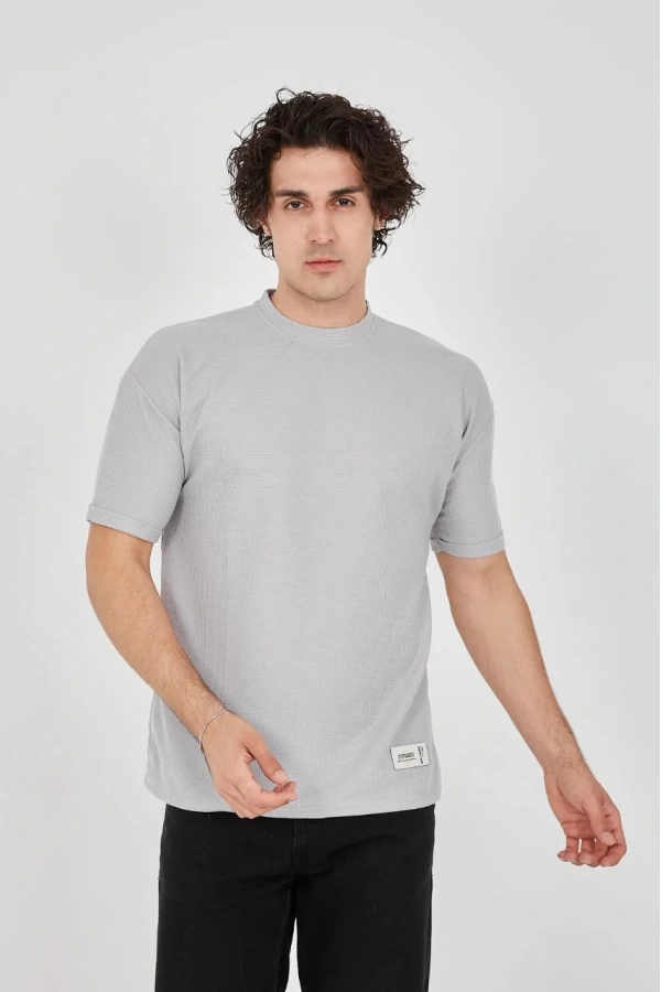 Unisex Waffle Kumaş Rahat Kol T-Shirt - Boyalı Gri