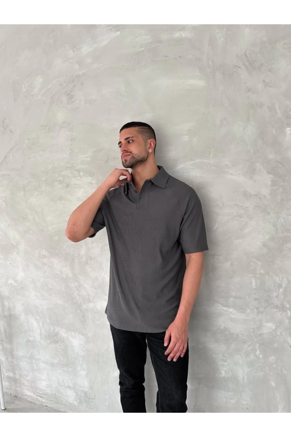 Yakalı Patlı Kısa Kol T-shirt - Antrasit