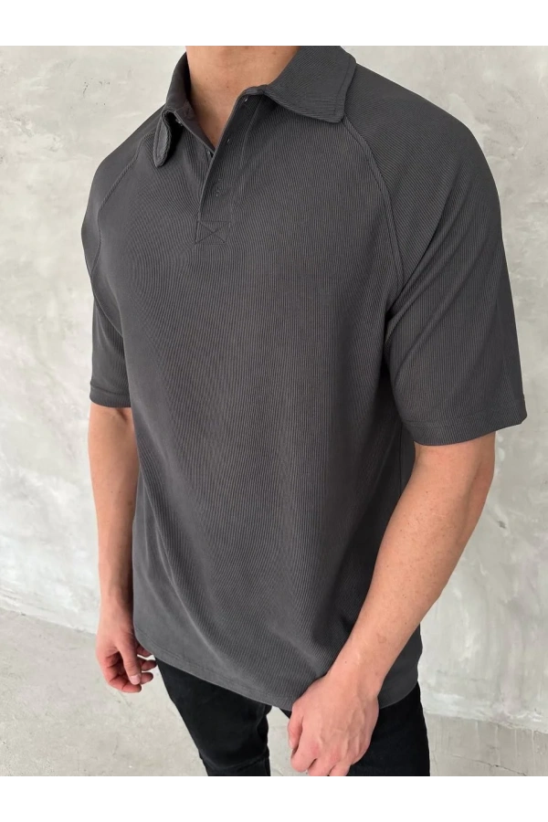 Yakalı Patlı Kısa Kol T-shirt - Antrasit