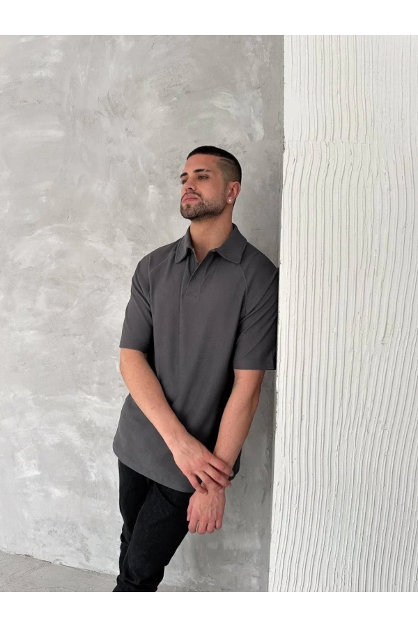 Yakalı Patlı Kısa Kol T-shirt - Antrasit