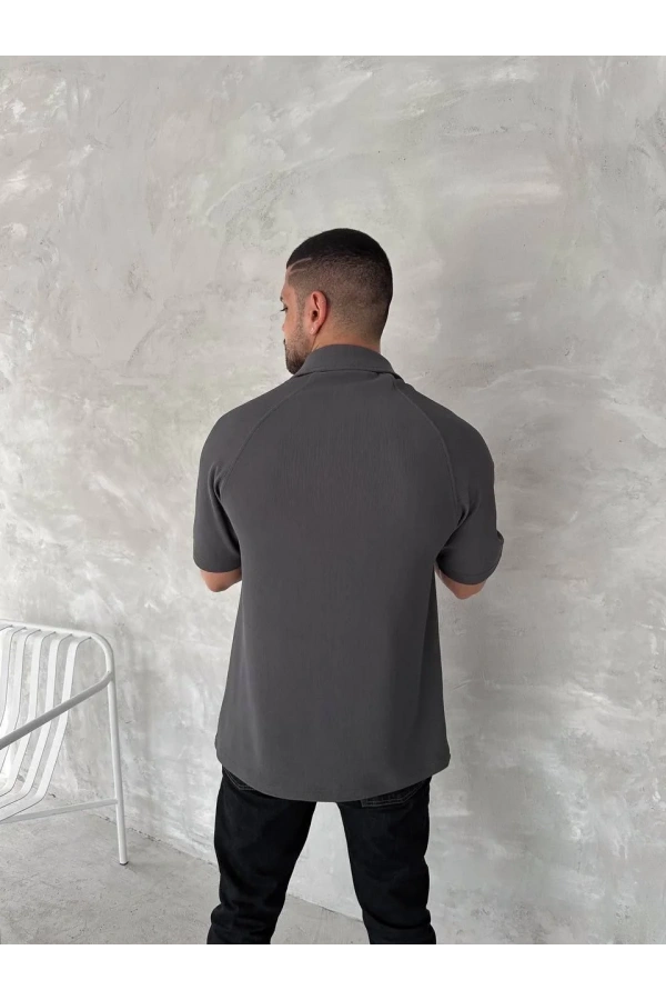 Yakalı Patlı Kısa Kol T-shirt - Antrasit