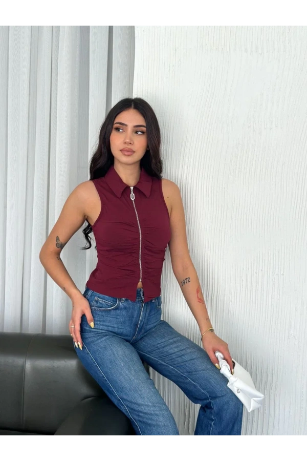 Yakalı Tam Fermuarlı Kolsuz Bluz - Bordo