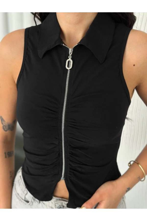 Yakalı Tam Fermuarlı Kolsuz Bluz - Siyah