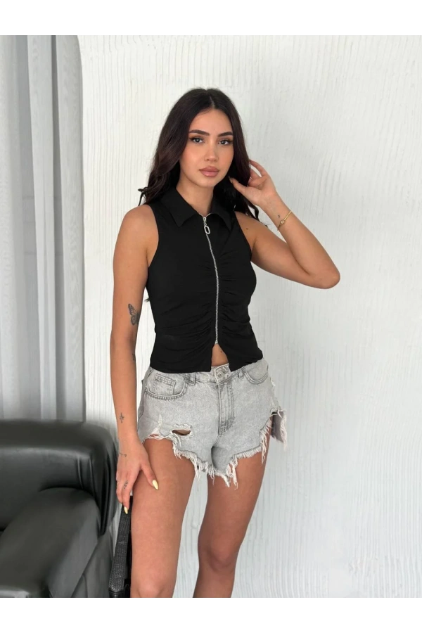 Yakalı Tam Fermuarlı Kolsuz Bluz - Siyah