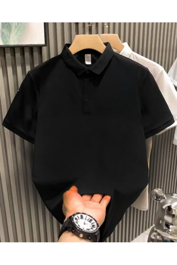 Yakası Düğmeli Yakalı Pike Düz T-Shirt - Siyah