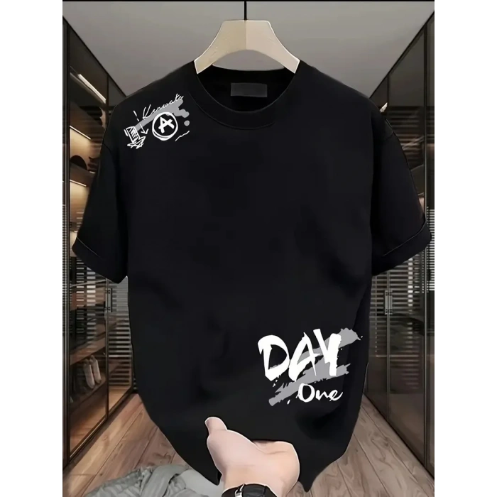 20/1 Penye Compack Day One Baskılı Oversize Bisiklet Yaka T-shirt - Siyah