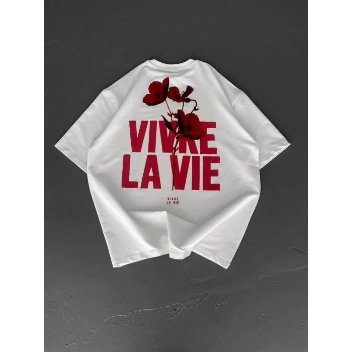 Baskılı Oversize Bisiklet Yaka T-shirt - Beyaz