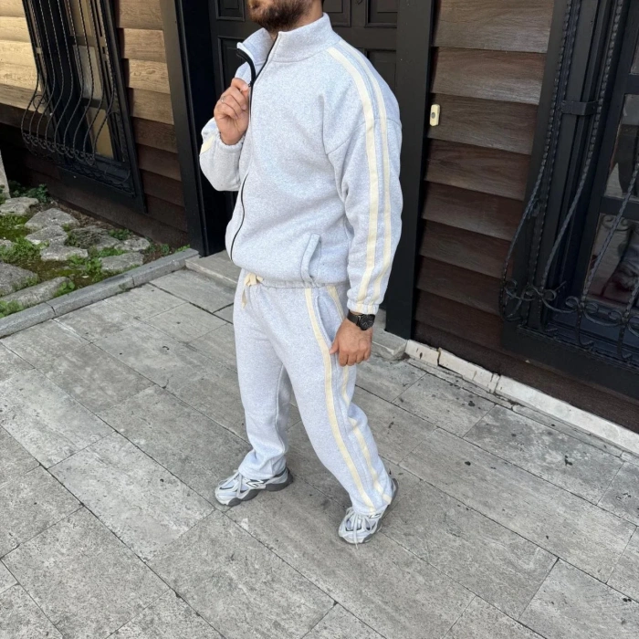 Erkek Çift Şeritli Eşofman Takım Dik Yaka Fermuarlı Sweatshirt Boru Paça Alt, Oversize 3 iplik Pamuklu - Gri