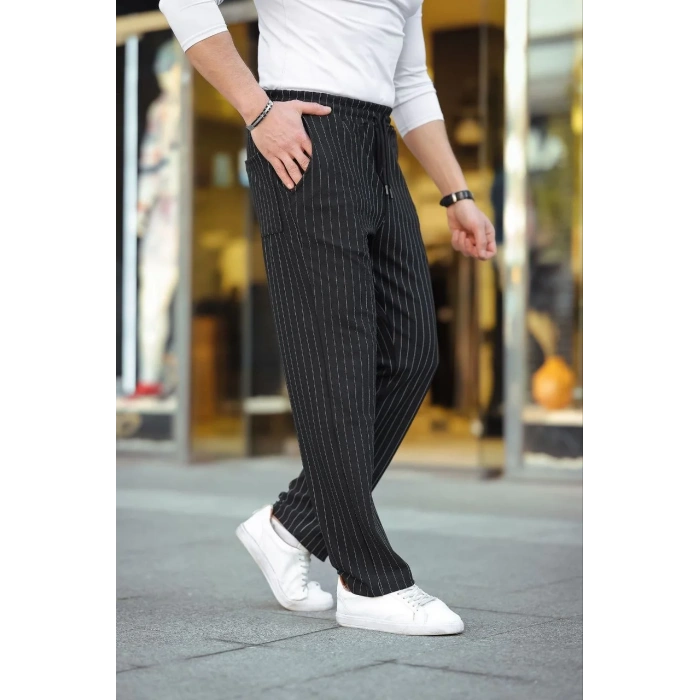 Erkek Cizgili Dokuma Krep Jogger Buggy Pantalon Rahat kalıp - Siyah