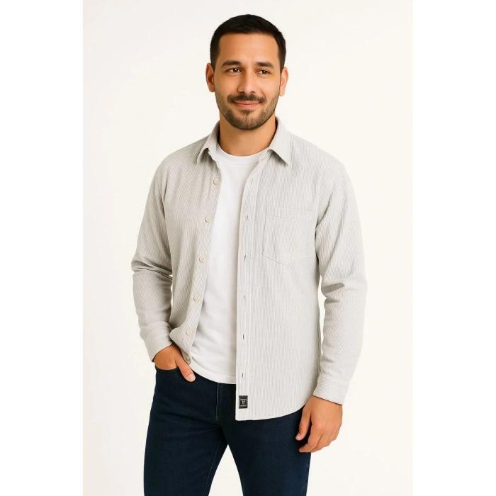 Erkek Fitilli Kadife Cepli Gömlek Oversize Rahat Kalıp - Gri